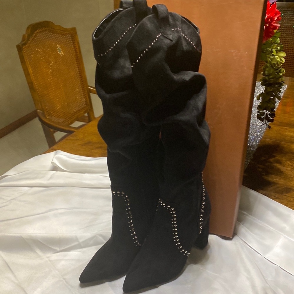Black suede studded  knee high Coach boots barely worn